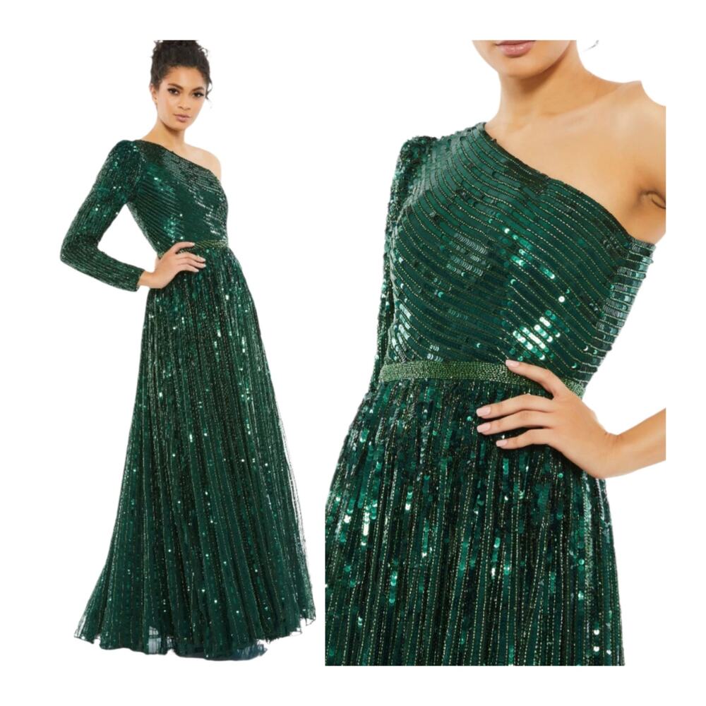 Mac Duggal Green Emerald Sequin Evening Gown One Shoulder Formal Dress Maxi 10